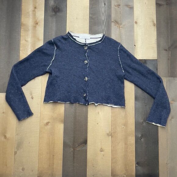 cut loose Sweaters - Cut Loose Women's SMALL Boiled Wool Collarless Crop Asym Cardigan BLUE MOON